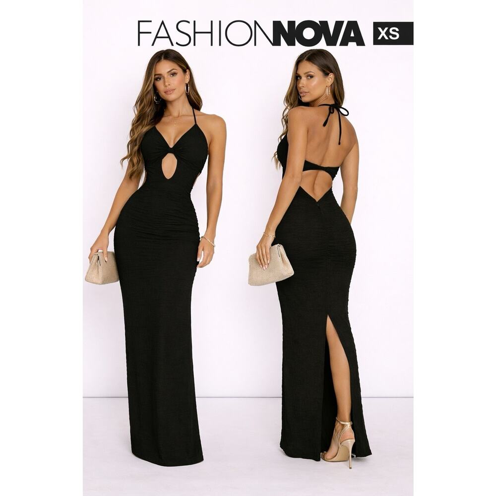 Fashion Nova Maxi Dress Black Halter Cut Out Ruched Backless Jersey Zip XS